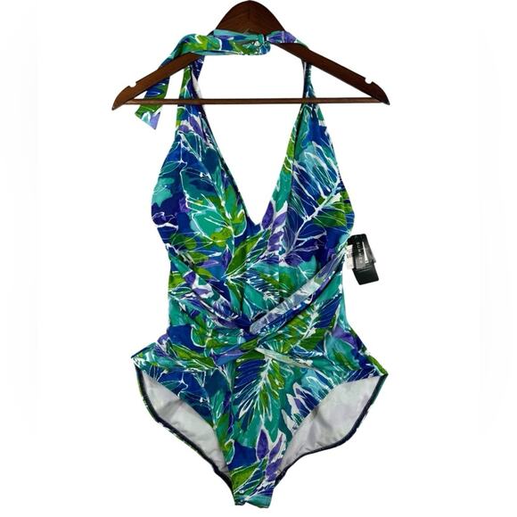 Ralph Lauren Blue and Green One Piece Swimsuit with Plunging V-neckline Size 16 - Picture 1 of 4